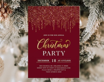 Może przedstawiać: Czerwono-złote zaproszenie na świąteczną imprezę z uroczystym wzorem. Zaproszenie zawiera tekst "Join us for our annual Christmas Party", "December 18 at 4 o'clock", "000 Colonial Dr | Orlando, FL 00000", "Kindly RSVP to Cindy at email@email.com", "Please bring a wrapped gift & your favorite dish!"