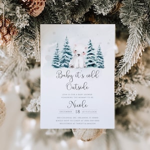 Invitación para baby shower de oso polar: temática invernal "Bebé, hace frío afuera"