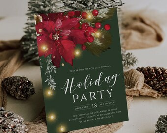 Può includere: Un invito verde con una stella di Natale rossa e luci dorate. Il testo recita "Ti invitiamo alla nostra festa di Natale annuale, il 18 dicembre alle 16:00, 000 Colonial Dr | Orlando, FL 00000, Per favore, conferma la tua presenza a Cindy all'indirizzo email@email.com, Porta un regalo impacchettato."