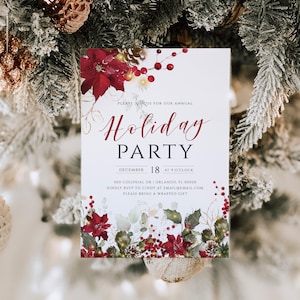 May include: A white invitation card with a red poinsettia and holly design. The text reads "Please join us for our annual Holiday Party, December 18 at 4 o'clock, 000 Colonial Dr, Orlando, FL 00000, Kindly RSVP to Cindy at email@email.com, Please bring a wrapped gift."