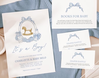 Rocking Horse Baby Shower Invitation Bundle: Blue Theme (Printable)