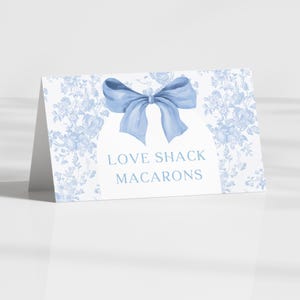 Blue Floral Food Tent Cards, Editable Digital Template, Blue Bow Place Cards, Table Cards, Baby Shower Buffet Labels, Printable Tent Cards