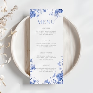 Szablon menu Chinoiserie, edytowalne niebieskie kwiatowe menu obiadowe, pobieranie cyfrowe, natychmiastowe