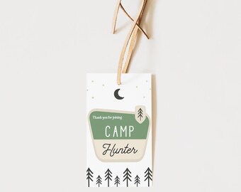 Editable Happy Camper Favor Tags: Camping Birthday Party (Digital Download, PDF or JPG Format)