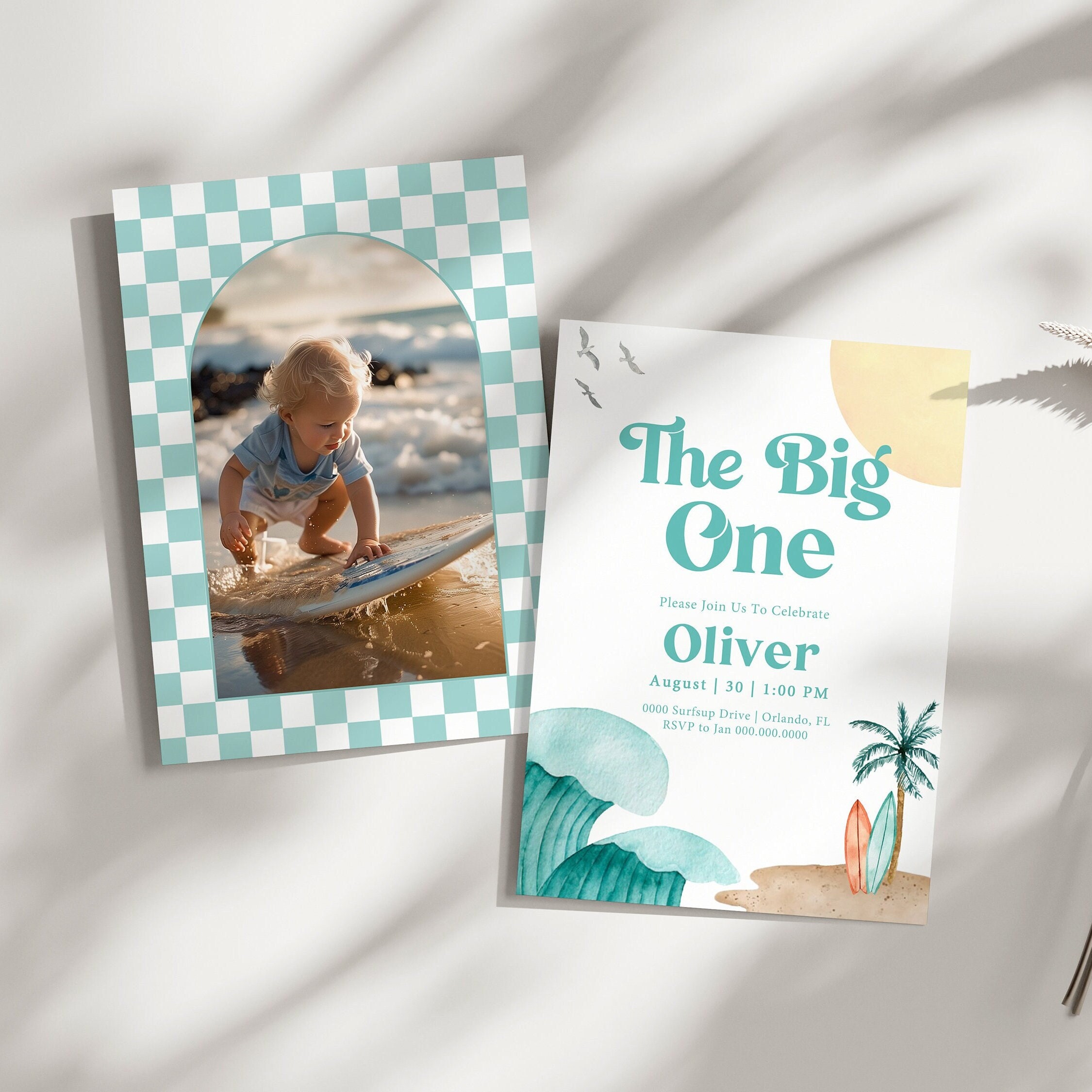 The Big One First Birthday Invitation Editable Birthday Photo Invite Surf Theme Printable Template Corjl Editable