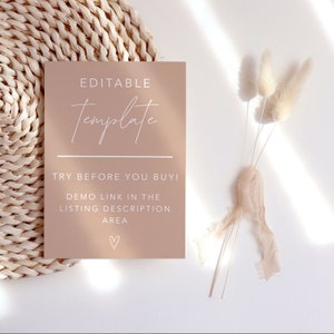 Pode incluir: Um cart&atilde;o de cor castanho claro com texto branco que diz "EDITABLE Template TRY BEFORE YOU BUY! DEMO LINK IN THE LISTING DESCRIPTION AREA ♡". O cart&atilde;o est&aacute; sobre uma superf&iacute;cie de palha tecida.