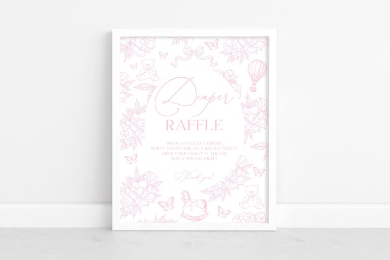 Pink Raffle Writing Pink Toile Hot Air Balloon Diaper Raffle Sign, Elegant Baby Shower ...