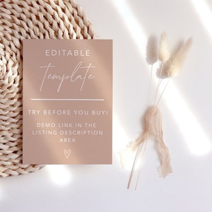 May include: A light brown card with white text that reads "EDITABLE Template TRY BEFORE YOU BUY! DEMO LINK IN THE LISTING DESCRIPTION AREA ♡".
