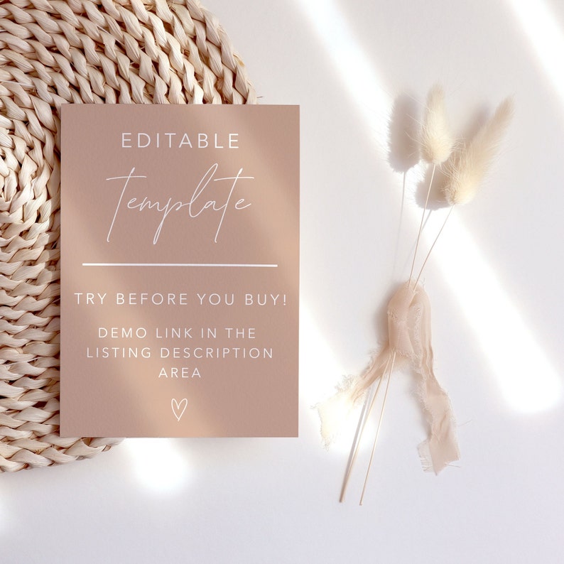 May include: A light brown card with white text that reads "EDITABLE Template TRY BEFORE YOU BUY! DEMO LINK IN THE LISTING DESCRIPTION AREA ♡".