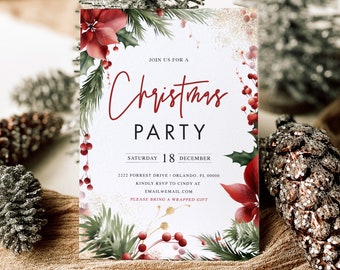 Può includere: Un invito a una festa di Natale con un design ad acquerello di agrifoglio, bacche e stelle di Natale. Il testo recita "Join us for a Christmas Party, Sabato 18 dicembre, 2222 Forrest Drive Orlando, FL 00000, Si prega di confermare la propria presenza a Cindy all'indirizzo EMAIL@EMAIL.COM, Si prega di portare un regalo avvolto."