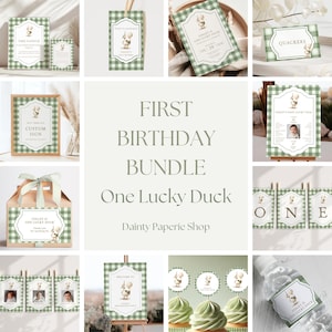 First Birthday Bundle, One Lucky Duck Theme, Editable Printable Party Decor, Green Gingham, Duck Birthday Decorations