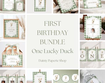 One Lucky Duck First Birthday Party Bundle: Green Gingham Decor (Editable Printable)