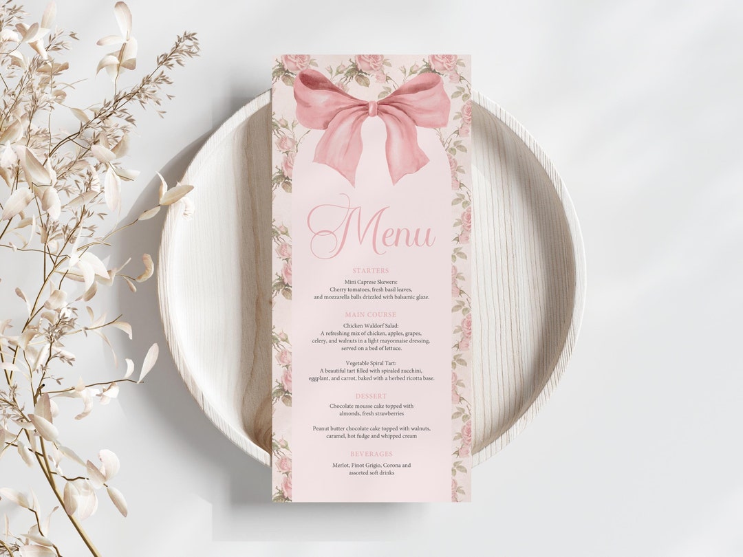 Pink Flowerbackdrop Menu Vintage Floral Menu: Editable Pink Bow Design Template - Etsy