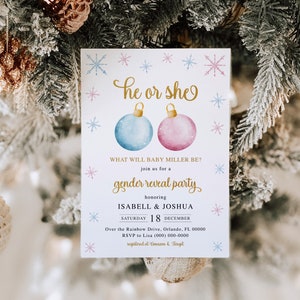 Winter gender reveal invitation template, snowflakes and ornaments Christmas invite
