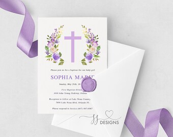 Lavender Floral Baptism Invitation: Editable PDF Template (Instant Download)