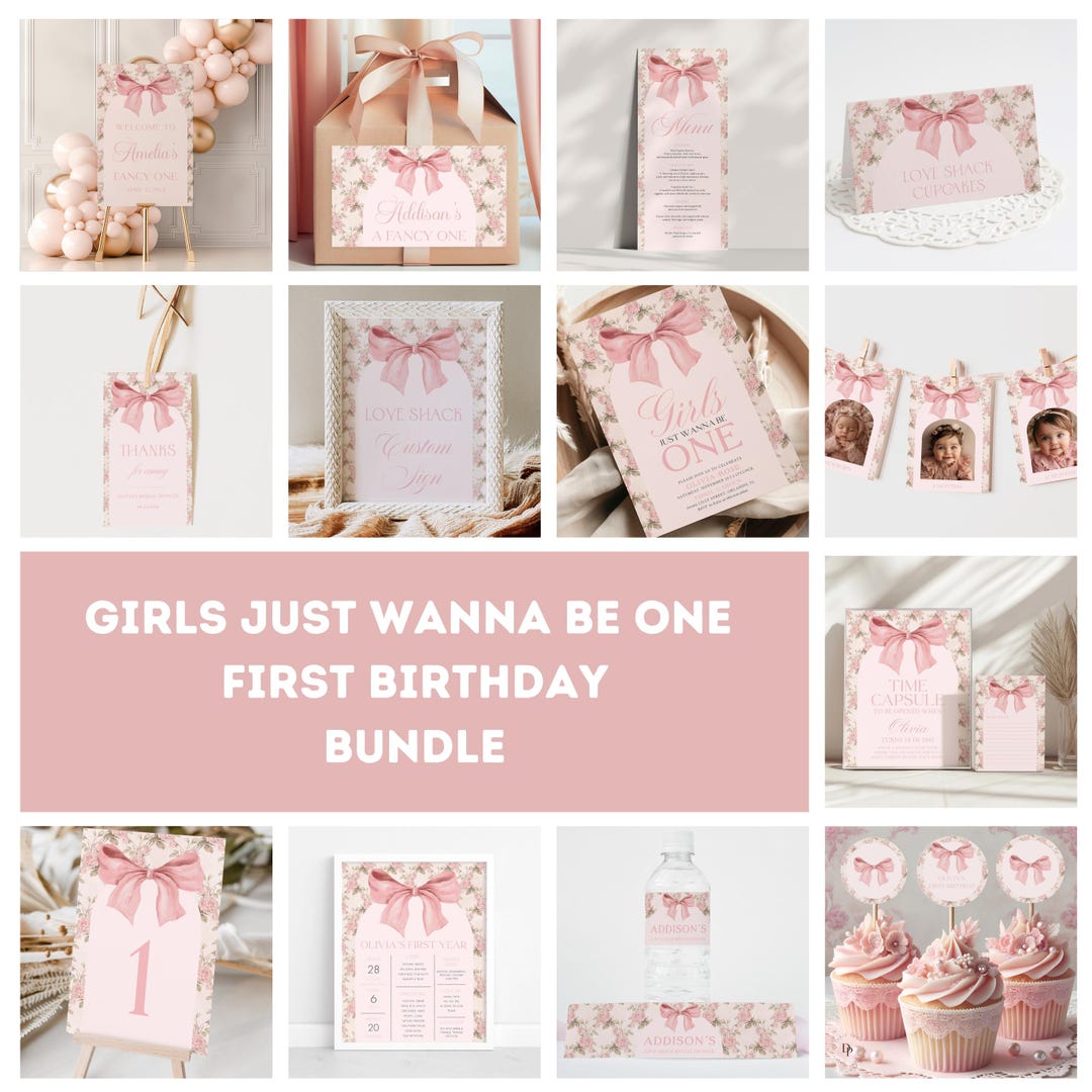 Pink Floral First Birthday Bundle: Editable Party Decor (digital ...