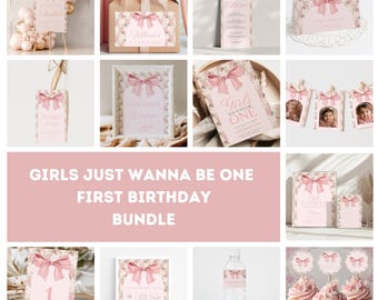 May include: A pink and white first birthday party printable bundle with a floral and bow design. The bundle includes a welcome sign, a thank you sign, a sign that says "Love Shack", a sign that says "Girls Just Wanna Be One", a sign that says "Time Capsule", a water bottle label, a cupcake topper, and a banner that says "First Birthday".