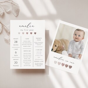 Petite carte d'anniversaire pour le 1er anniversaire, tons terre, coeurs neutres, premier anniversaire de fille, modèle modifiable