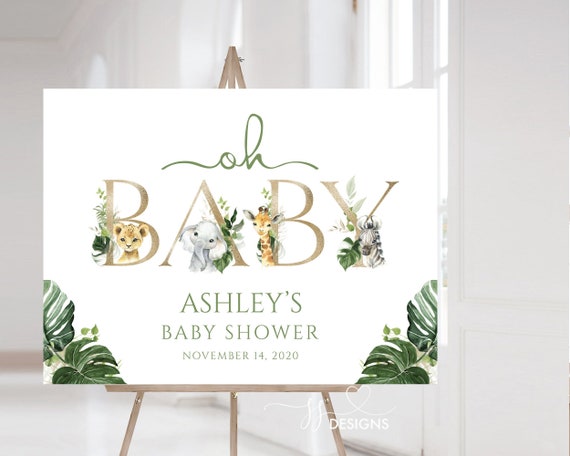 Safari Jungle Welcome Baby Sign - Oh Baby Greenery and Animal Decor