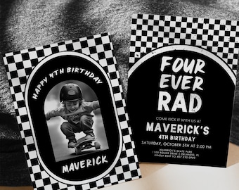 Retro Skateboard 4th Birthday Invitation: Checkered Photo Invite (Digital)