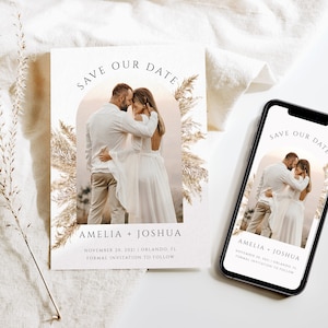 Photo save the date template arch boho pampas photo invitation editable template printable or digital invite