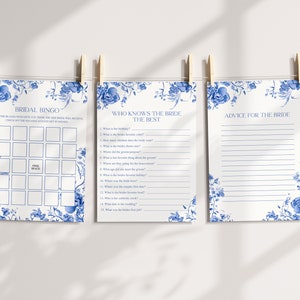 Juego de juegos para despedida de soltera estilo chinoiserie, bingo nupcial con flores azules y blancas, consejos para la novia, quién conoce mejor a la novia.