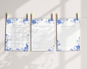 Chinoiserie Bridal Shower Games Set, Blue and White Floral Bridal Bingo, Advice for the Bride, Who Knows the Bride Best Game Cards