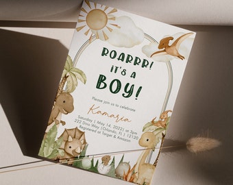 Dinosaur boho baby shower invitation template, instant download, neutral cream beige green arch rainbow baby
