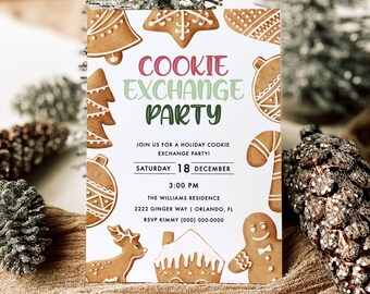 Könnte beinhalten: Eine weiße Einladungskarte mit einem Lebkuchen-Motiv. Die Karte hat einen rot-grünen Titel, der "Cookie Exchange Party" lautet. Die Karte enthält auch das Datum, die Uhrzeit und den Ort der Party. RSVP-Informationen sind am unteren Rand der Karte enthalten.