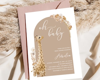 Giraffe bohemian baby shower invitation template, neutral abstract arch invite, editable template -Bridget Collection