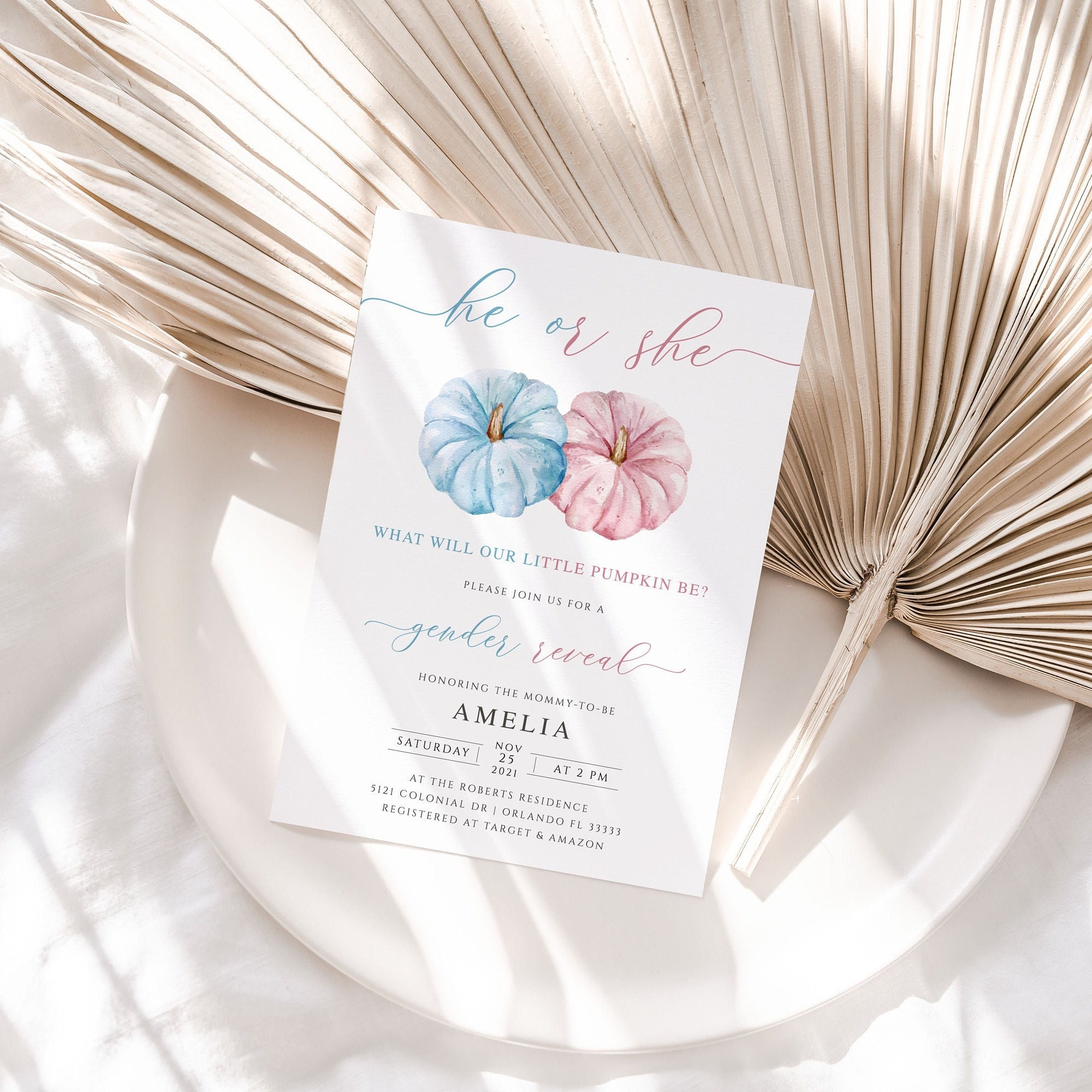 Pumpkin gender reveal invitation template boy or girl editable template instant download and print