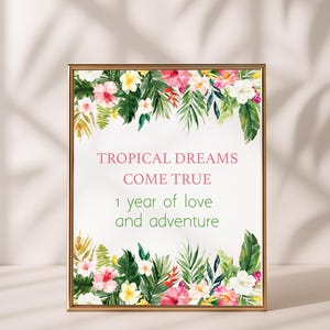 Letrero floral para fiesta luau: Decoración tropical editable para cumpleaños (descargar en Corjl)