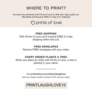 Pode incluir: Um gr&aacute;fico com o texto "WHERE TO PRINT?" e o texto "prints of love" com um s&iacute;mbolo de cora&ccedil;&atilde;o. O gr&aacute;fico tamb&eacute;m inclui o texto "FREE SHIPPING", "FREE ENVELOPES", "EVERY ORDER PLANTS A TREE", e "Visit printsoflove.com/ref/printlaughlove". O gr&aacute;fico tamb&eacute;m inclui o texto "Use my coupon code to receive 10% off your order: PRINTLAUGHLOVE10".