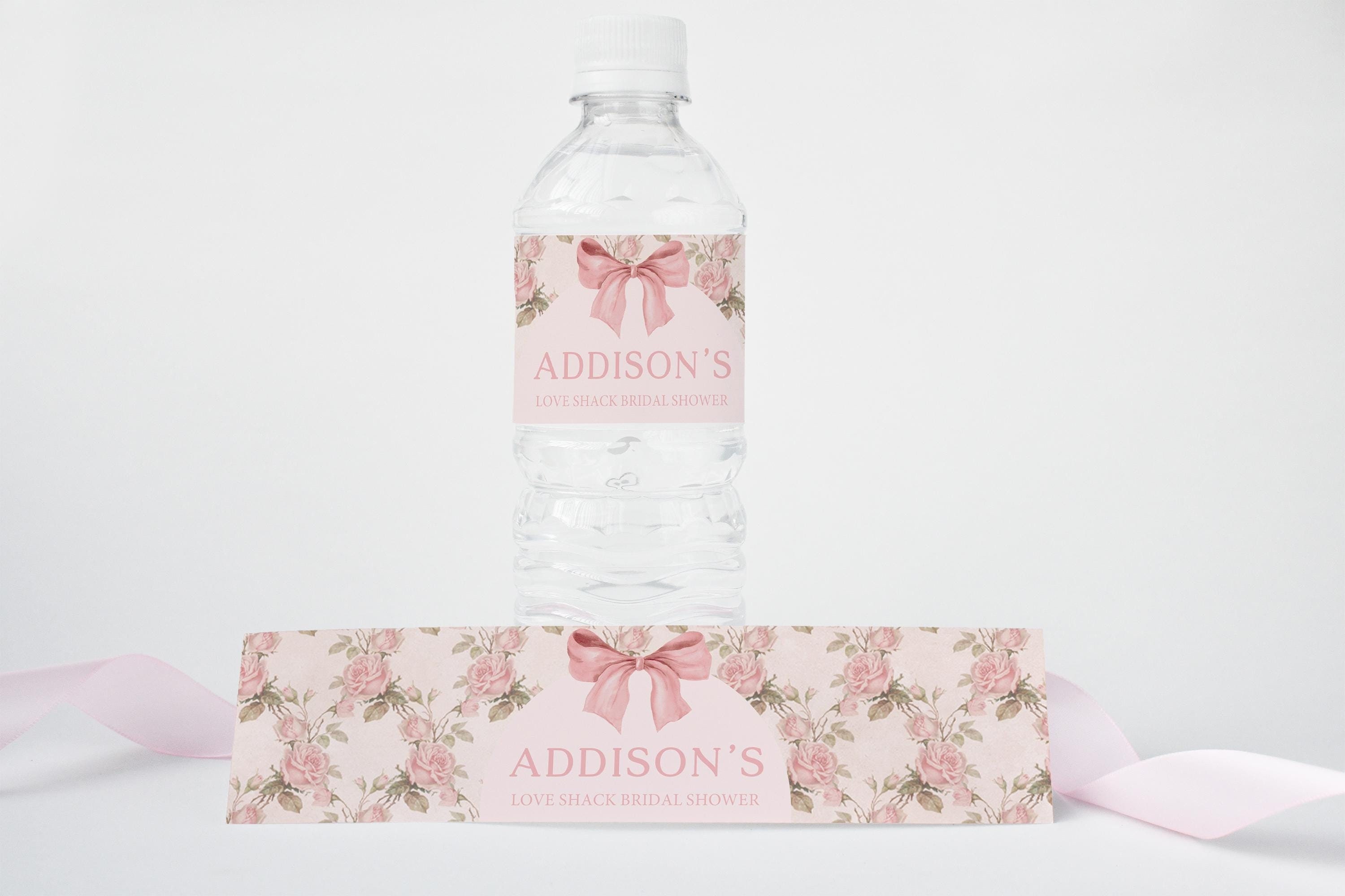 Vintage Floral Water Bottle Label: Pink Bow, Editable template
