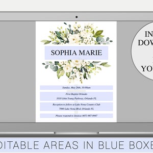 May include: Editable digital invitation template with a floral design and the text "Sophia Marie" in a blue box. The invitation includes the date, time, and location of the event. The text "Instant Download" and "Edit Yourself" is displayed in a circle.