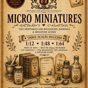 以下が含まれることがあります： Micro Miniaturesと題されたヴィンテージ風の印刷用シート。紋章、1:12、1:48、1:64のスケール、乳鉢、本、レシピカード、ティーラベル、Herbal Remedy、Lavender Tincture、Rosemary Waterと書かれたボトルのイラストが描かれています。