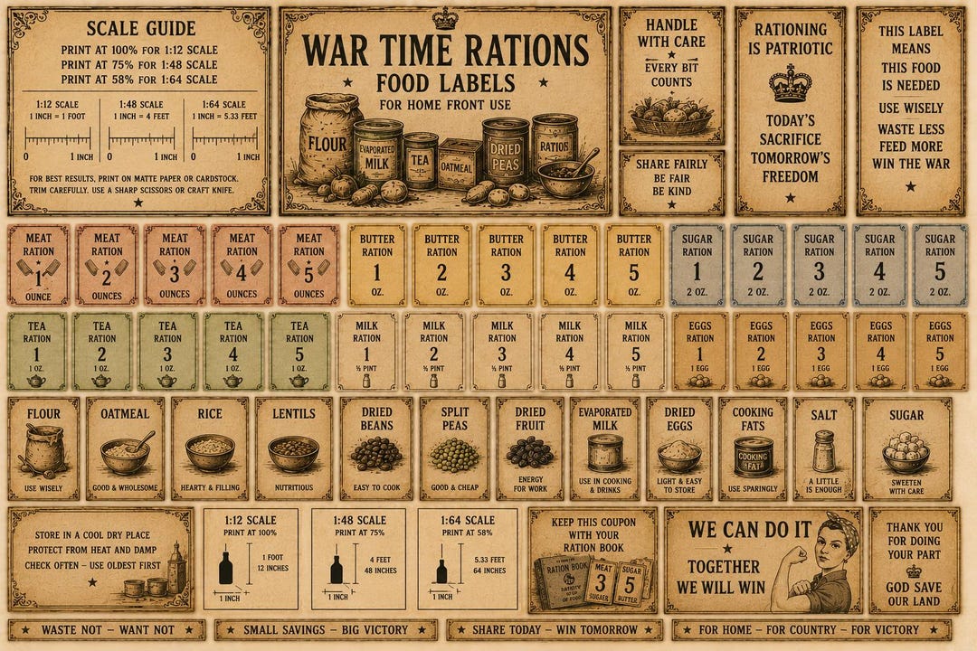 Post Wwii Ration Stickers Wartime Rations & Food Labels | Vintage WWII Kitchen Printables | Home ...