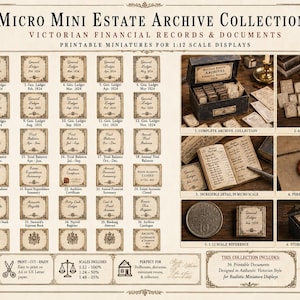 May include: A collection of 36 printable miniature Victorian financial records and documents for 1:12 scale displays. The set includes labels for general ledgers, trial balances, and registers, featuring aged paper textures and ornate borders for authentic detail.