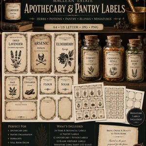 May include: Apothecary and pantry labels with a vintage aesthetic. The image features various labels for herbs, potions, and pantry items, along with jars and bottles. The labels include text such as "Dried Lavender," "Arsenic," and "Elderberry Syrup."
