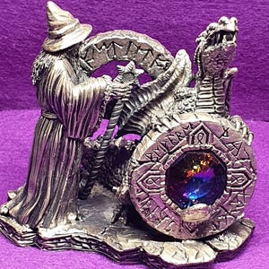The Mystic Stone Wizard & Dragon Pewter Figurine by Mark Locker – WAPW UK Fantasy Collectible (No Box)