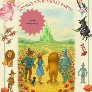 May include: A colorful invitation for Sophie's 7th birthday party, themed after The Wizard of Oz. The design features illustrations of characters like Dorothy, the Lion, and the Wicked Witch, with text reading "Follow the Yellow Brick Road."