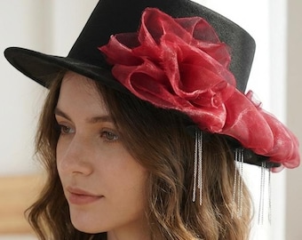Black Fascinator Hat with Red Flower, Elegant Wedding Guest Statement Headpiece