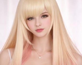 Blonde Pink Cosplay Wig, Long Anime Wig, Pastel Costume Wig