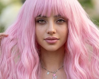 Pink Long Wavy Wig with Bangs, Soft Cosplay Hair for Gift or Photos