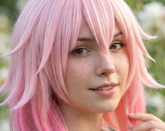 Pink Gradient Cosplay Wig Short Layered Anime Hair Fantasy Costume Women