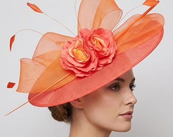 Coral Fascinator Hat for Wedding Guest, Elegant Floral Party Headpiece