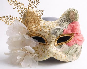 Floral Venetian Masquerade Mask, Handmade Cat Mask, Elegant Party Costume Mask