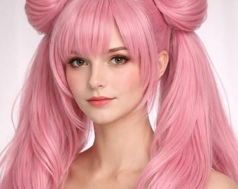 Pink Anime Cosplay Wig, Double Bun Costume Wig, Kawaii Pink Wig