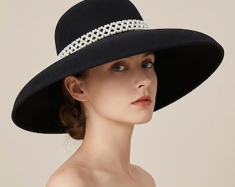 Black Wide Brim Hat with Pearl Band, Elegant Wedding Guest Derby Hat