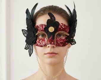 Red Black Masquerade Mask for Party, Handmade Gothic Costume Accessory